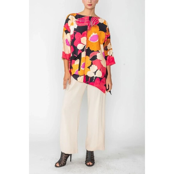 IC by Connie K Tunic 2XL Floral Asymmetric With Pockets Lagenlook Artsy - Picture 1 of 8